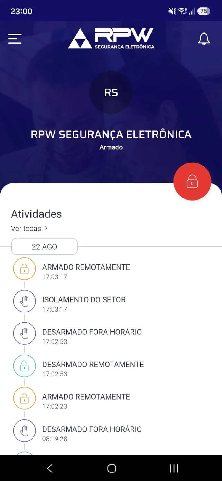 Tela do aplicativo RPW